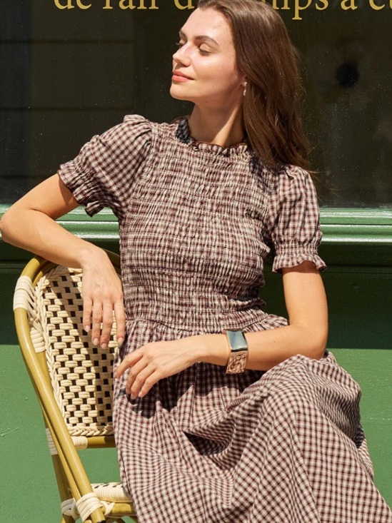 RIHOAS Dresses & Skirts - RIHOAS Brown Gingham Smocked Maxi Dress